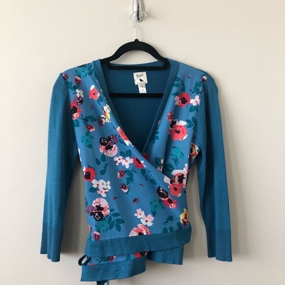 YUMI -Light blue tie-up floral wrap cardigan - Picture 2 of 7